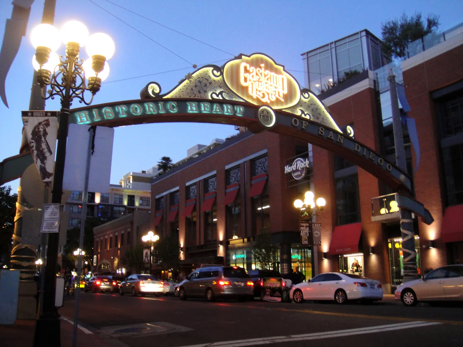 Gaslamp Quarter archway in downtown San Diego lit up during Comic-Con week