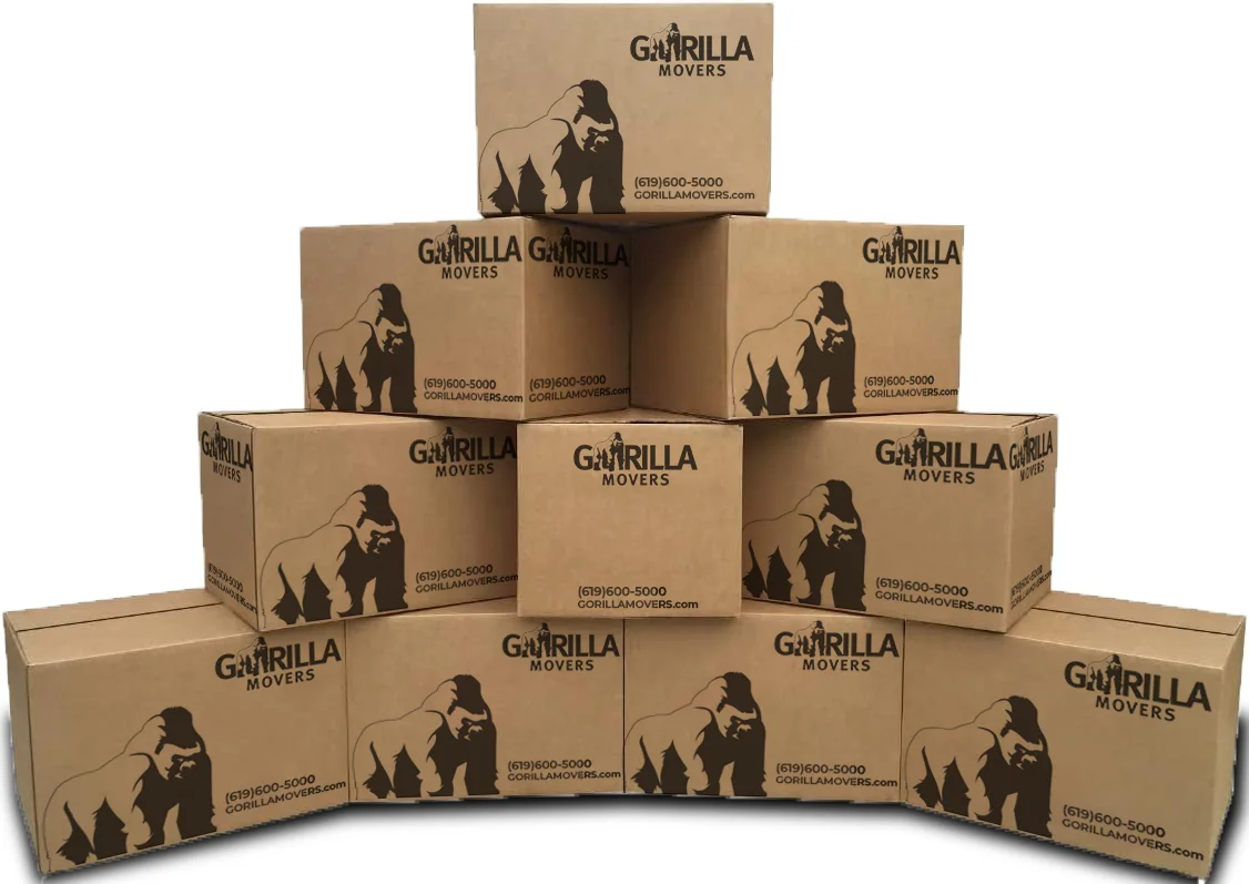 Pyramid of Gorilla Movers branded moving boxes with the gorilla logo and phone number