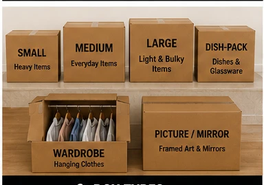 Box types: small, medium, large, dish-pack, wardrobe, and picture or mirror boxes