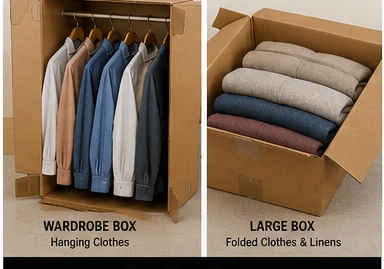 A wardrobe box for hanging clothes beside a large box of folded clothes and linens