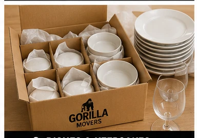 Plates and bowls packed upright in a Gorilla Movers dish-pack box