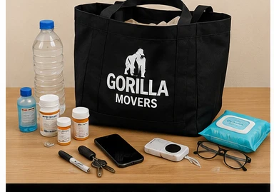 An essentials bag with medications, phone, keys, glasses, and water set aside to keep with you