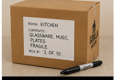 A clearly labeled box showing room, contents, FRAGILE, and box number