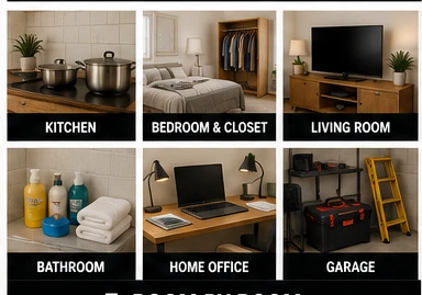 Room by room: kitchen, bedroom and closet, living room, bathroom, home office, and garage