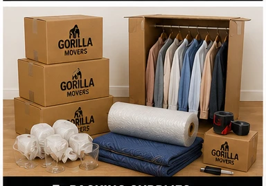 Gorilla Movers packing supplies: boxes, paper, bubble wrap, tape, and pads