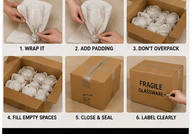 Six steps to wrap glassware: wrap it, add padding, do not overpack, fill empty spaces, close and seal, label clearly