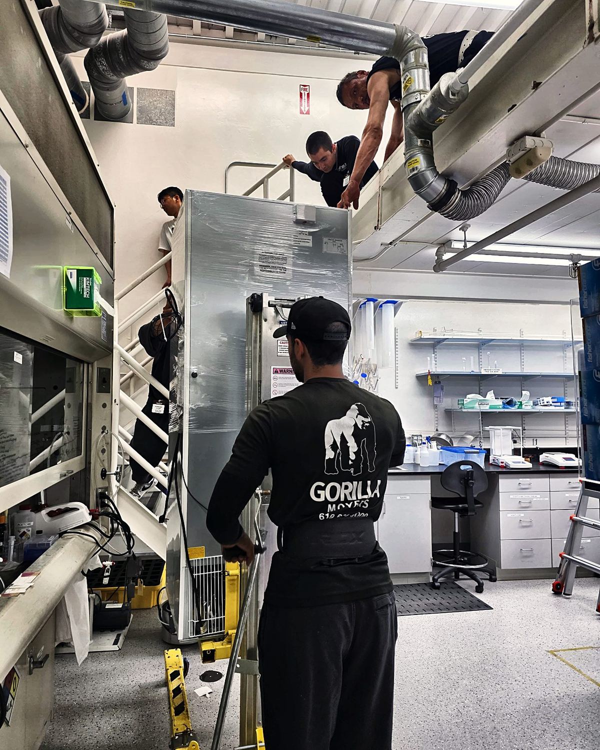 Biosafety cabinet hoisted to a mezzanine level