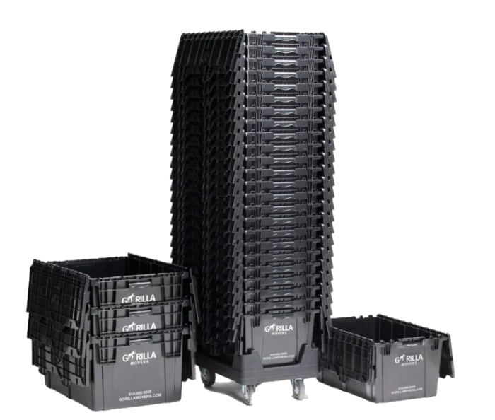 Stack of Gorilla Movers reusable commercial moving crates on a dolly