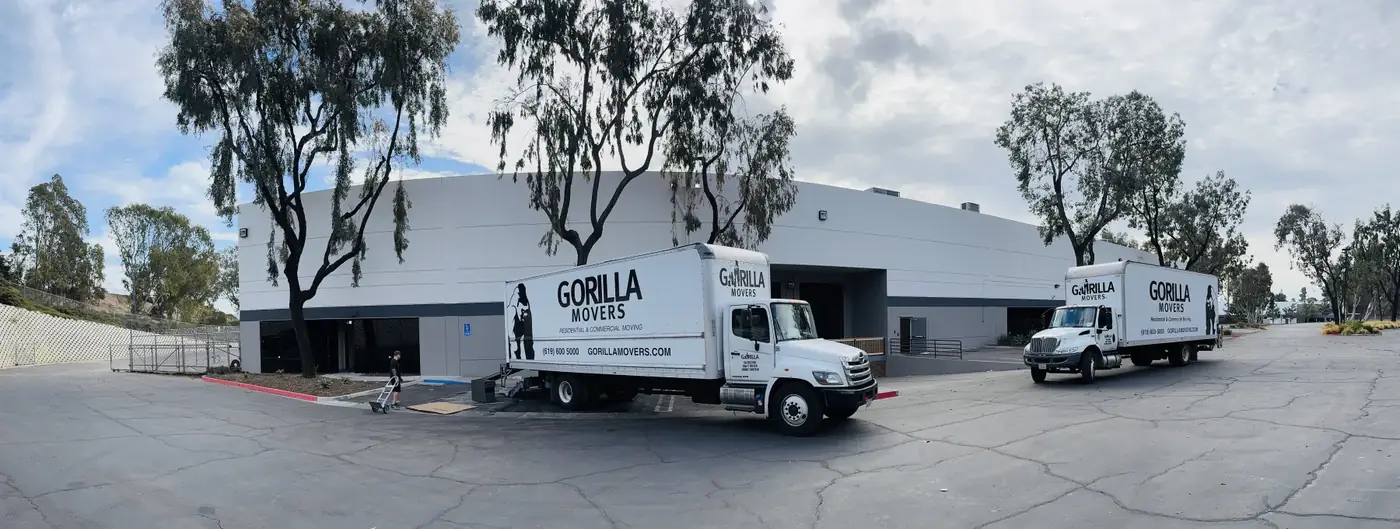Two branded Gorilla Movers trucks at a San Diego commercial building for a business relocation