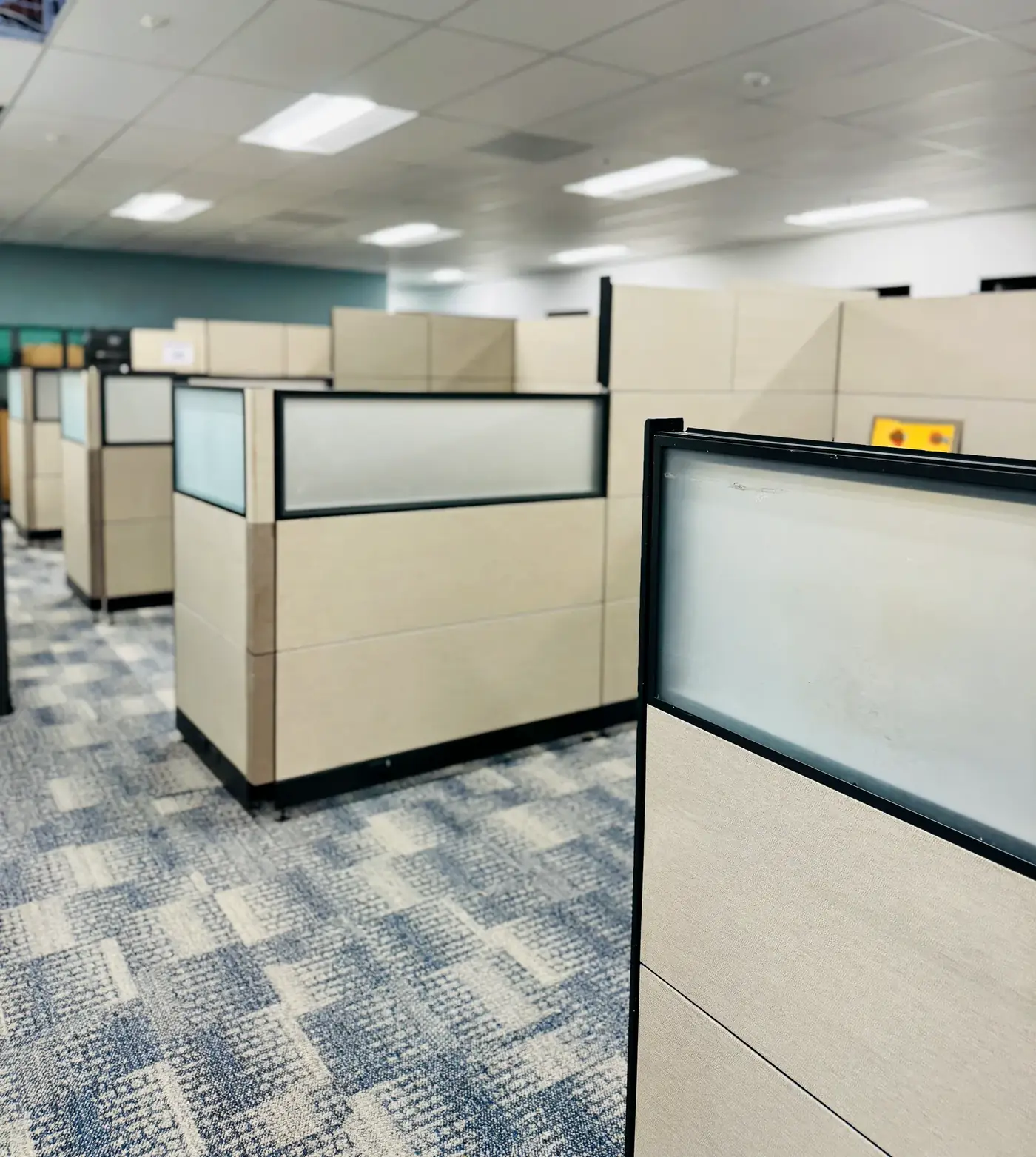 Rows of installed office cubicles with frosted glass panels after a commercial move in San Diego