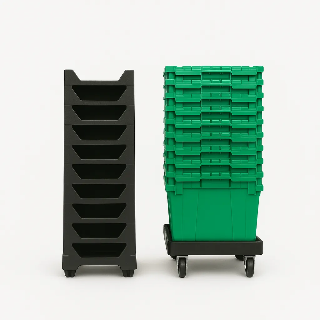 Gorilla Movers crates stacked on a dolly, ready for a hotel FF&E move