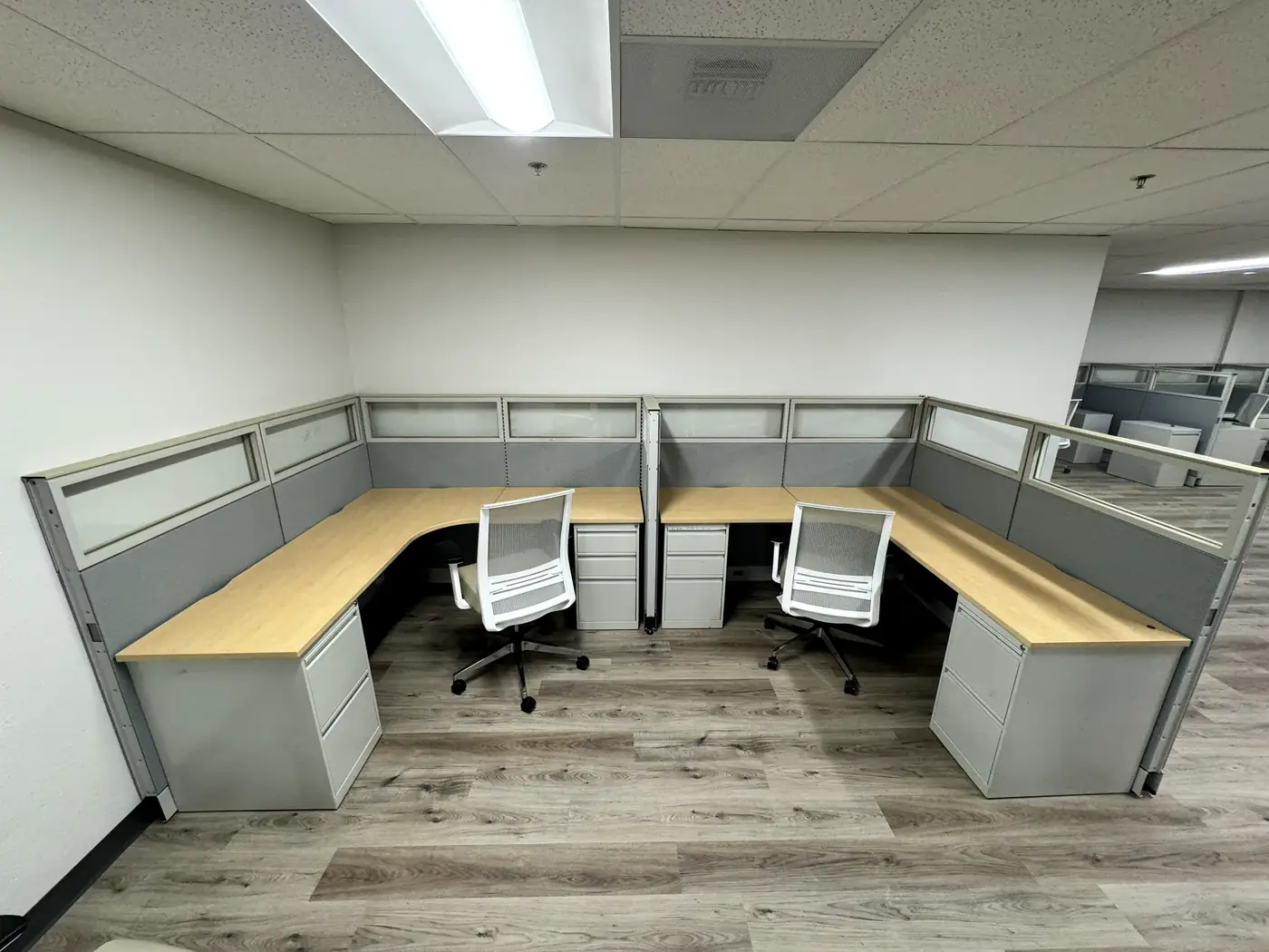 Clean admin workstations reassembled during a San Diego medical office move