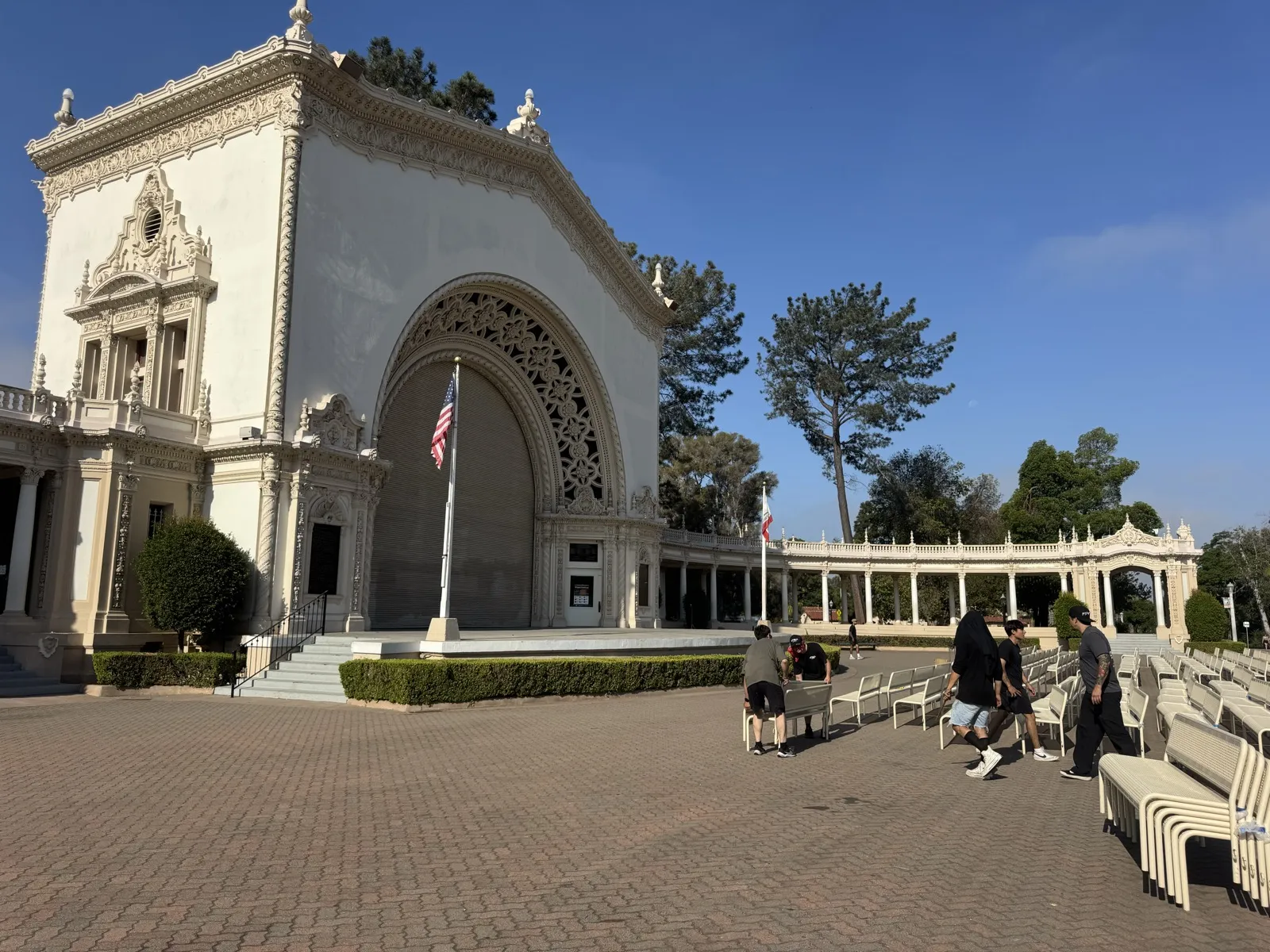 Gorilla Movers crew resetting seating at the Spreckels Organ Pavilion