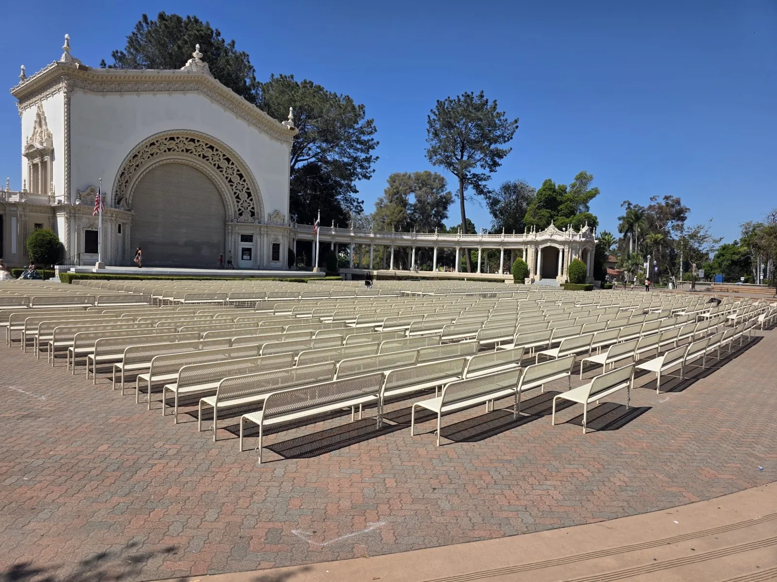 Gorilla Movers crew resetting seating at the Spreckels Organ Pavilion