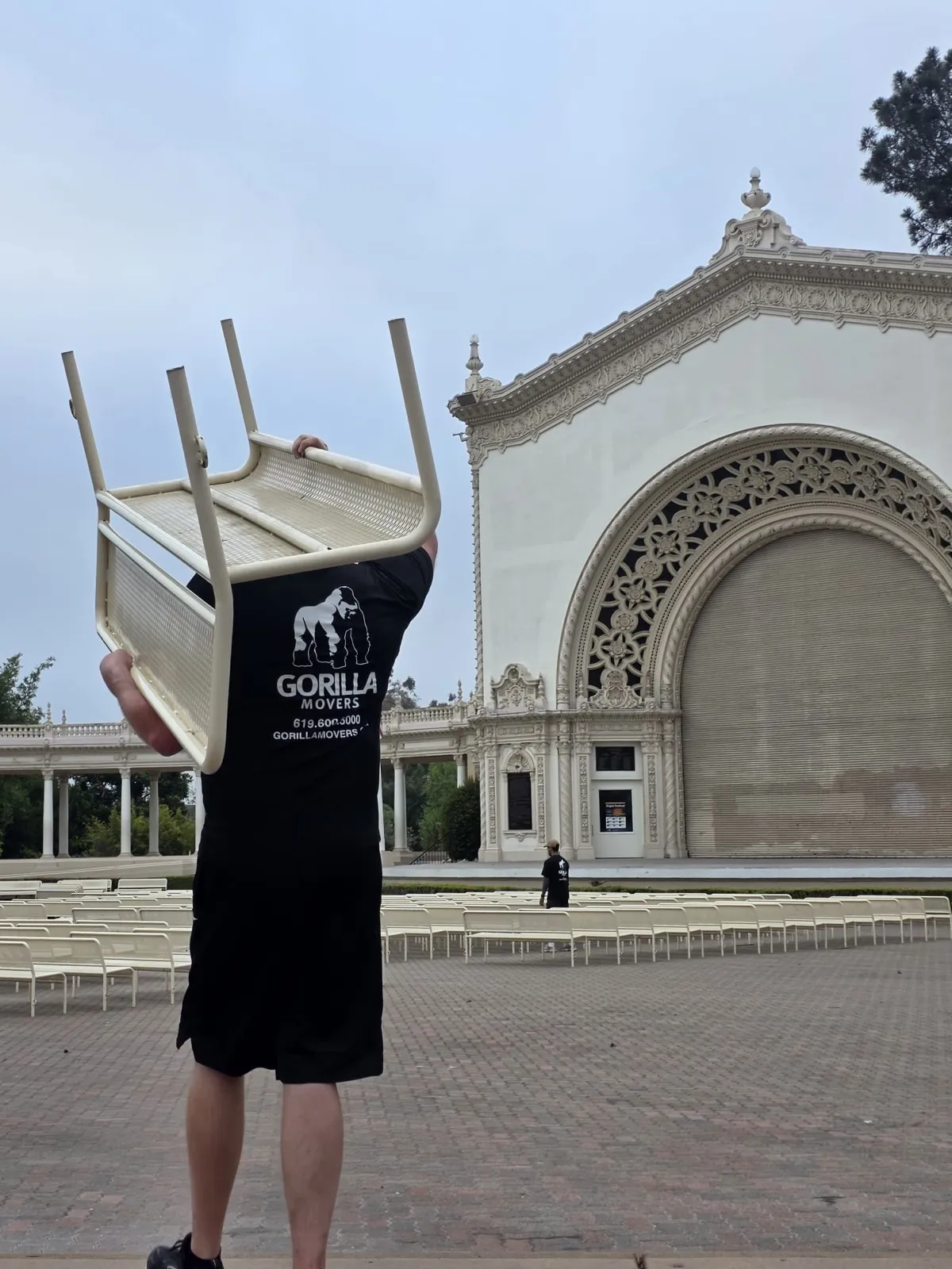 Rows of benches reset in front of the Spreckels Organ Pavilion in Balboa Park