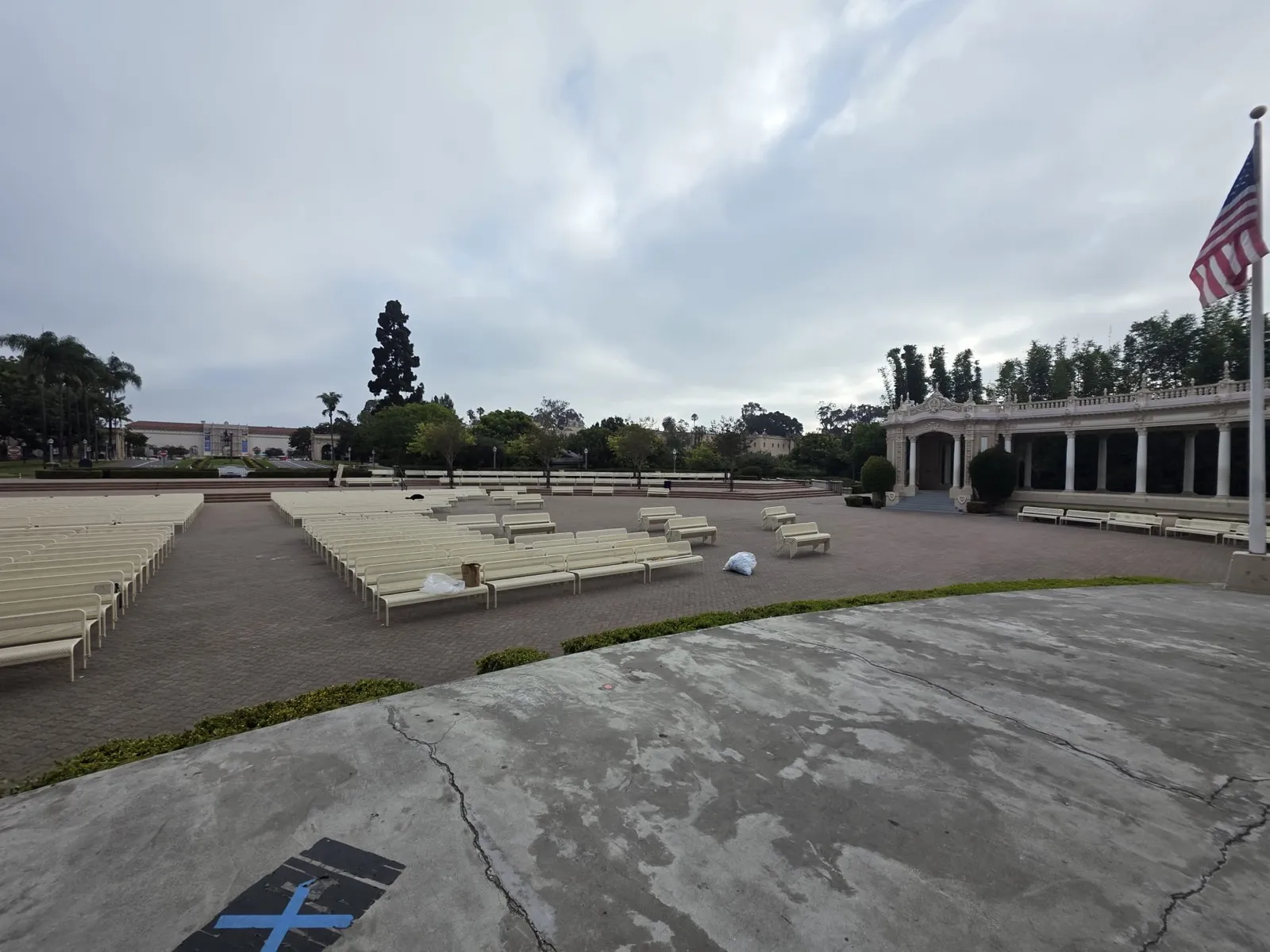 Wide view of the Spreckels Organ Pavilion with its seating reset