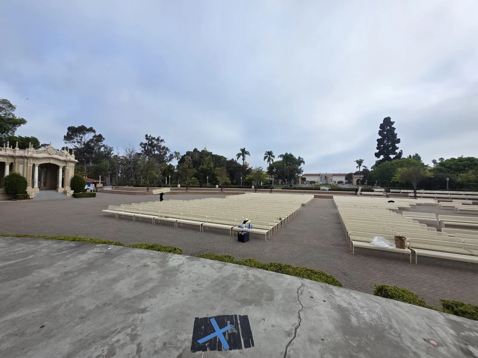 Wide view of the Spreckels Organ Pavilion with its seating reset