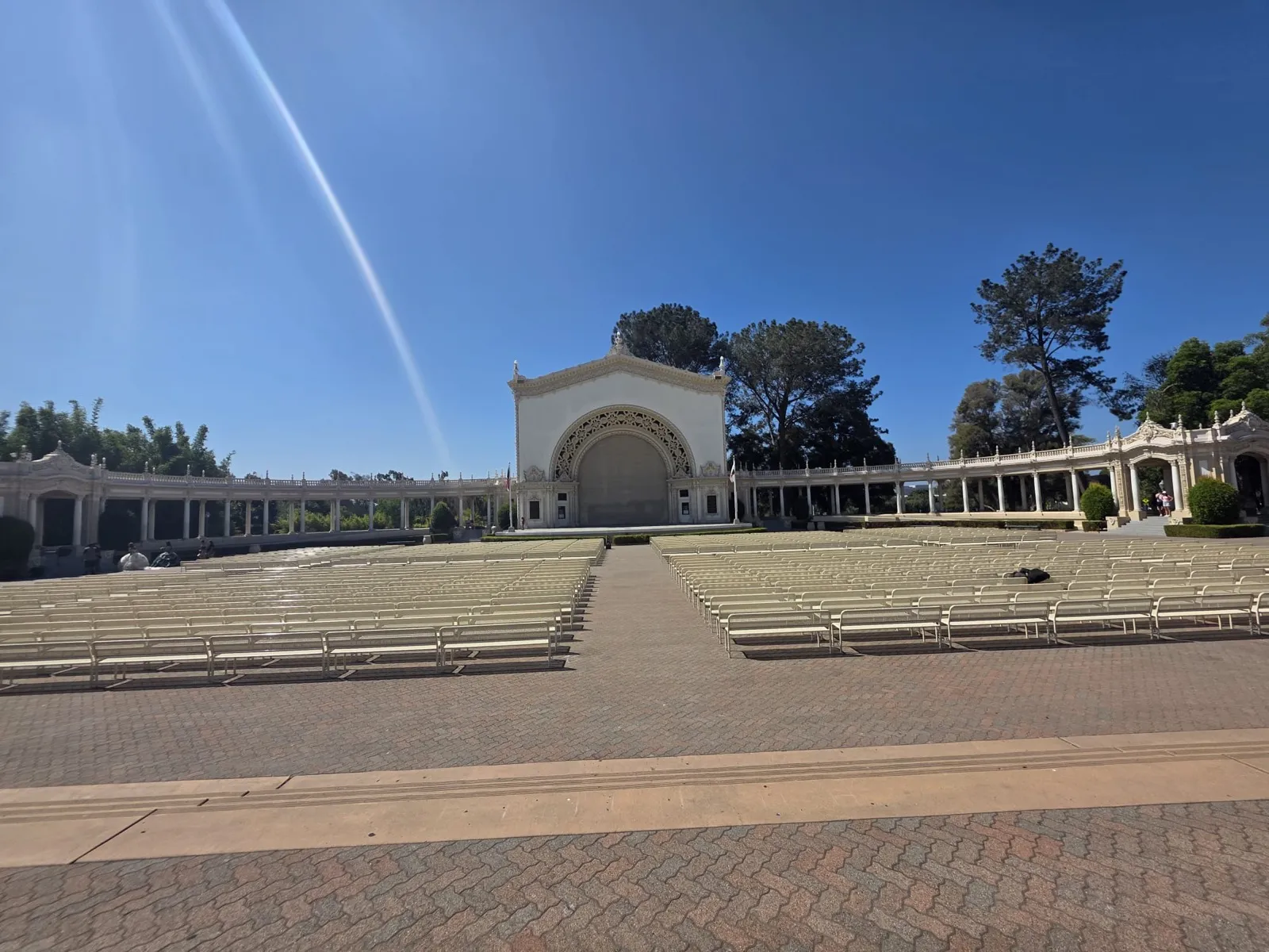 Wide view of the Spreckels Organ Pavilion with its seating reset
