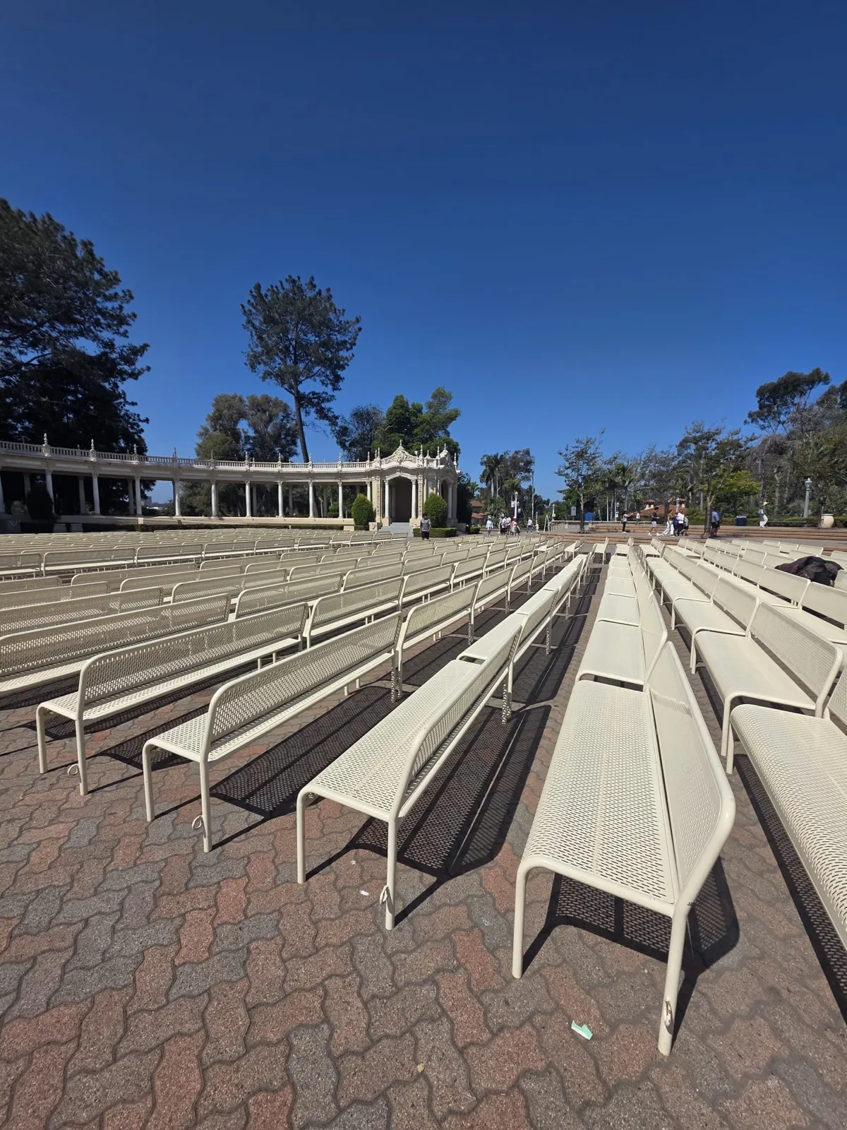 The Spreckels Organ Pavilion and colonnade during the early-morning bench reset