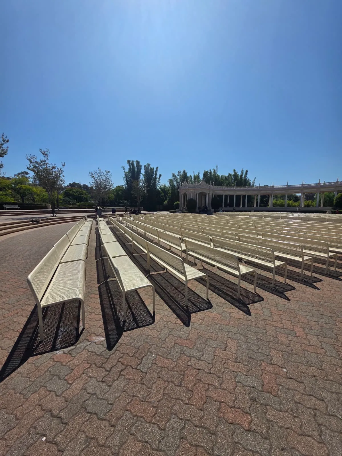 The Spreckels Organ Pavilion and colonnade during the early-morning bench reset