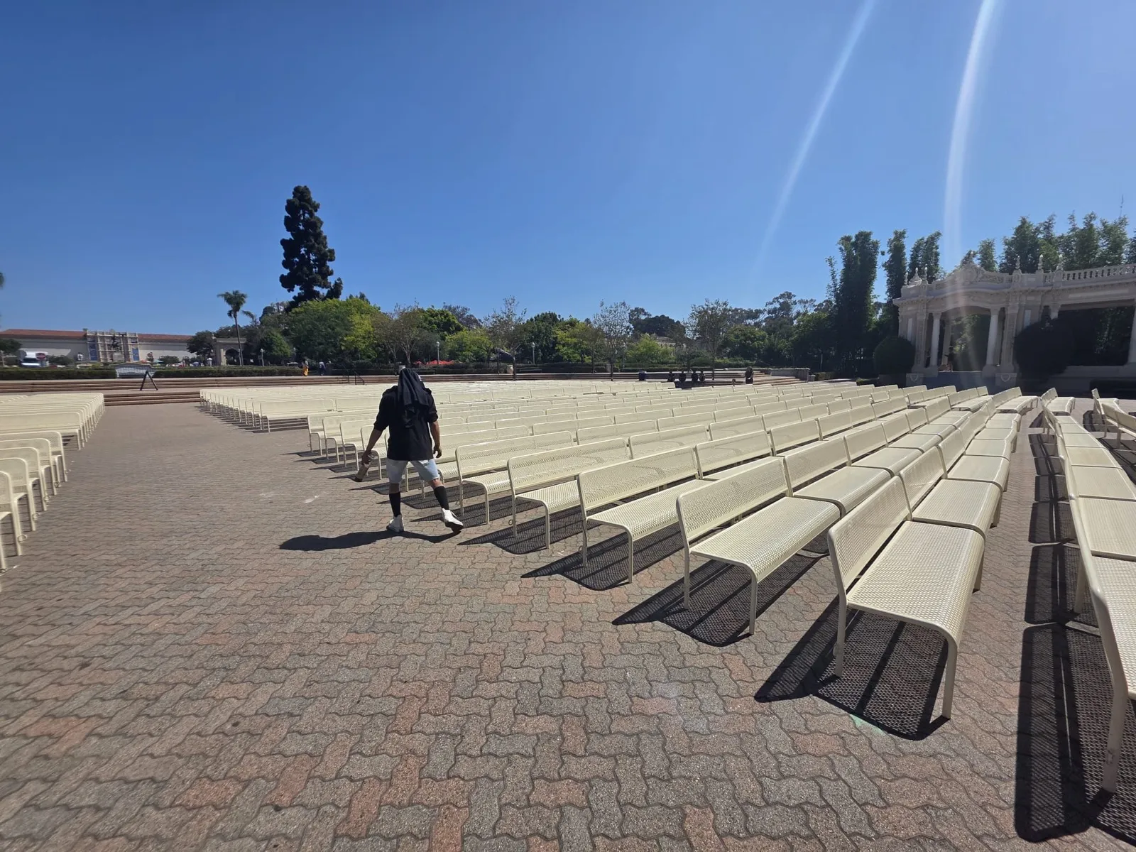 The Spreckels Organ Pavilion and colonnade during the early-morning bench reset