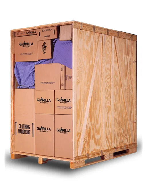 Cutaway view of a packed Gorilla Movers wooden storage vault with labeled boxes