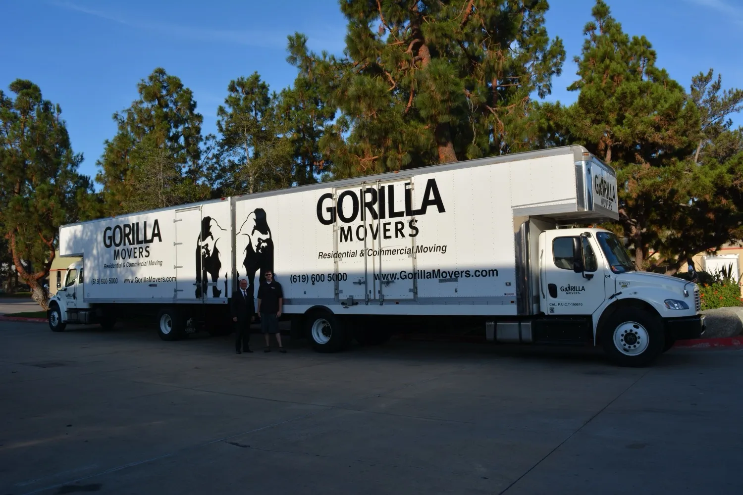 Two Gorilla Movers trucks and crew set for a San Diego hotel FF&E project