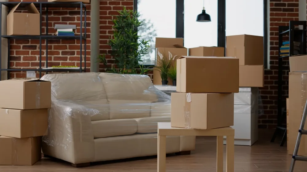 Cleared unit with wrapped furniture and packed boxes
