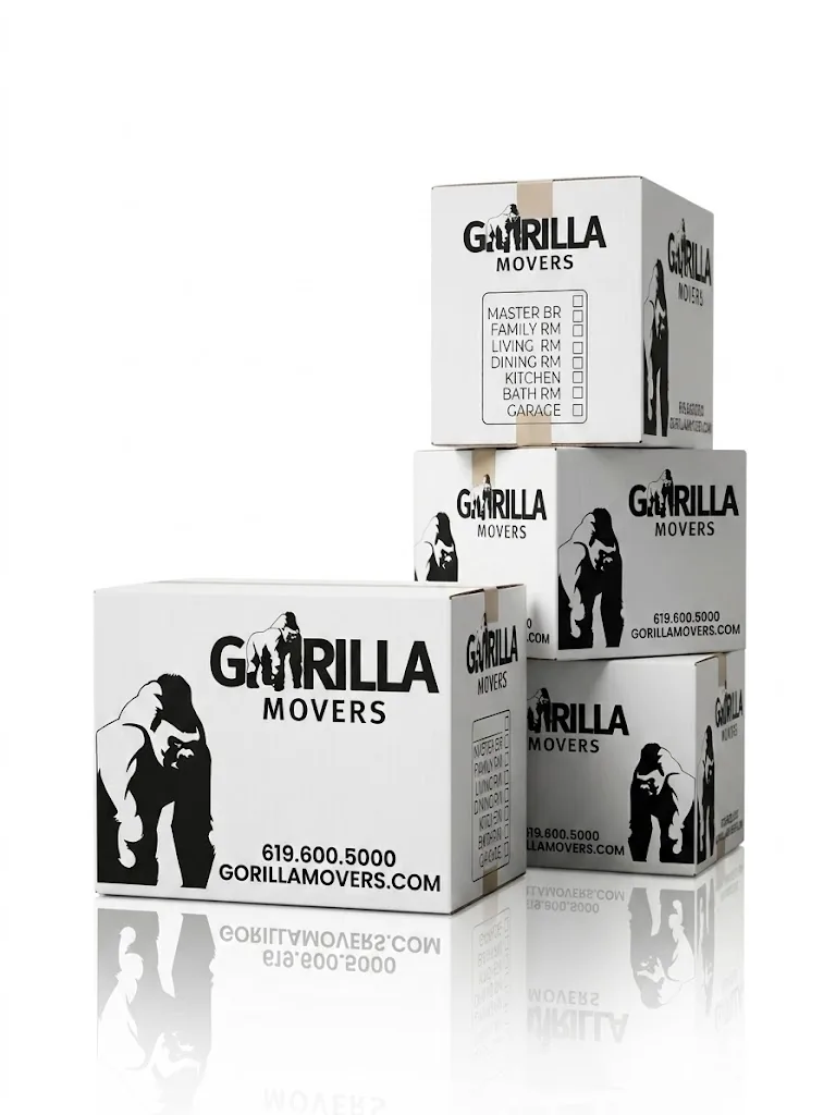 Stack of Gorilla Movers branded packing boxes