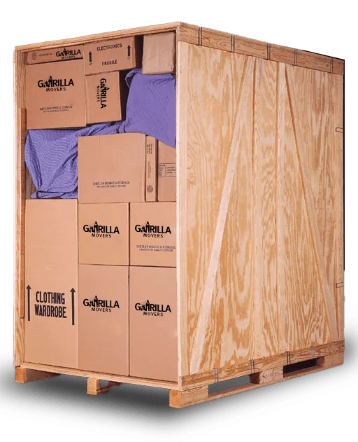 Sealed wooden Gorilla Movers storage vault packed with padded, labeled boxes and moving blankets